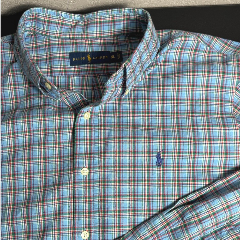 Ralph Lauren Mens‎ XL Plaid Button Down Shirt Blue Green Madras Long Sleeve